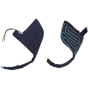 Two dark blue cooling therapy head wraps with teal tubing and connectors