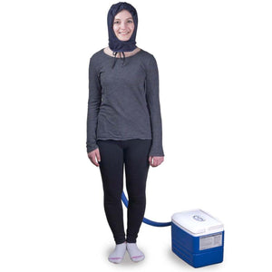Person wearing a Polar Products cooling hood connected to a portable cooler unit