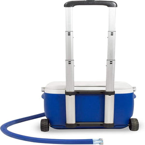 Polar Products blue and white rolling cooler with extended handle and attached blue hose