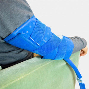 Polar Products blue cooling elbow wrap secured with velcro straps on a person arm