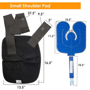 Polar Products small shoulder pad dimensions diagram showing black wrap and blue cooling bladder with measurements