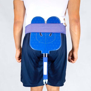Person wearing a blue gel ice pack wrap on lower back