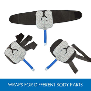 Three cold therapy wraps with blue hoses and black adjustable straps