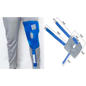 Polar Products knee ice wrap with dimensions shown on a person and as a standalone item