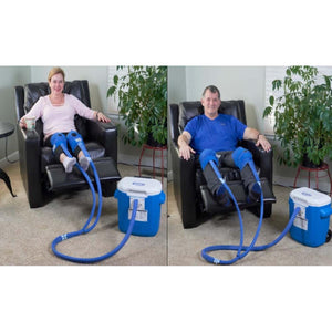Polar Products cold therapy system with leg wraps connected to a blue cooler while people sit in recliners
