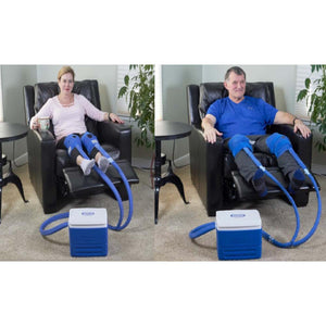 Polar Products leg cooling system with blue wraps and cooler unit on two people in recliners