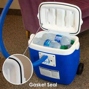 Polar Products cold therapy system cooler with open lid showing gasket seal detail