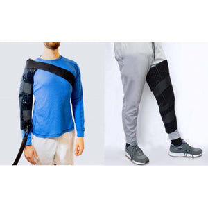 Polar Products shoulder and leg cold therapy wraps worn by a person