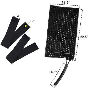 Black therapy pad with dimensions 12.5 by 22.5 inches and two 3 by 10 inch straps