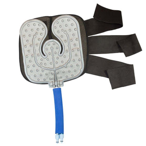 Polar Products cooling therapy pad with black elastic straps and blue hose connector