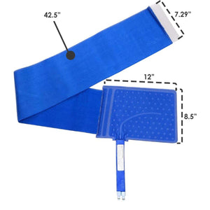 Polar Products blue therapy wrap with dimensions labeled 42.5 inches by 7.29 inches and 12 inches by 8.5 inches