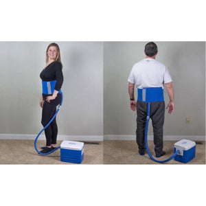 Polar Products active cooling back wrap connected to a portable cooler unit