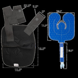 Polar Products dimension diagram for a black wrap and blue U-shaped cooling bladder