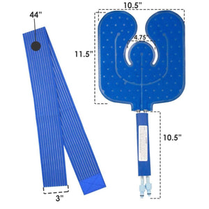 Blue U-shaped cold therapy pad with dimensions labeled in inches