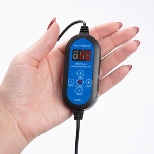 Polar Products digital controller with LED display and buttons held in a hand