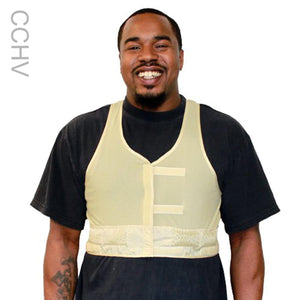 Man wearing a beige Polar Products cooling vest over a black t-shirt