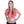 Woman wearing a beige lumbar support belt over a pink shirt