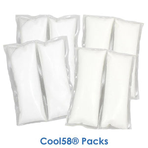 Set of six rectangular Cool58 cooling packs in clear plastic