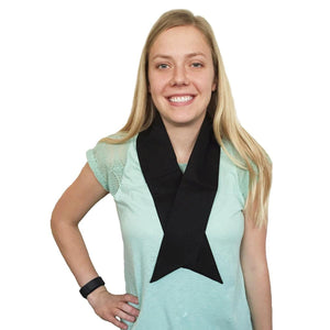 Woman wearing a black neck scarf over a light green t-shirt