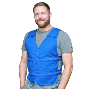Man wearing a blue cooling vest with adjustable velcro straps over a grey t-shirt