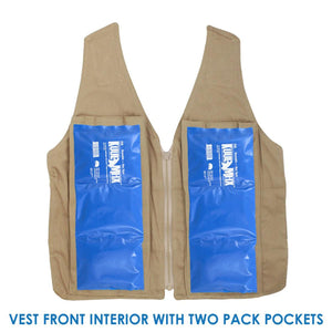 Tan cooling vest with two blue Kool Max reusable ice packs inserted into front pockets