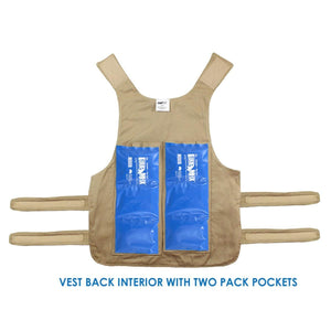 Polar Products cooling vest interior back panel with two blue ice packs in pockets