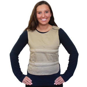 Woman wearing a tan Polar Products cooling vest over a long sleeve shirt