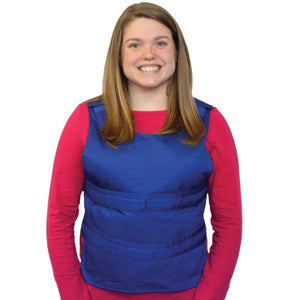 Woman wearing a blue Polar Products cooling vest over a red long sleeve shirt
