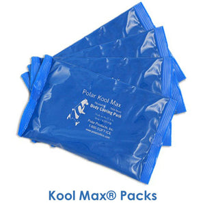 Stack of four blue Polar Products Kool Max body cooling packs