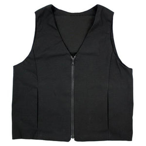 Black sleeveless vest with a front zipper closure