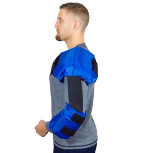 Man wearing a blue gel ice pack wrap on his shoulder and upper arm