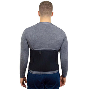 Person wearing a black lumbar support belt over a grey long sleeve shirt