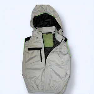 Rotar hooded vest in grey with black accents and neon green trim
