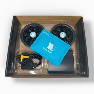 Polar Quest Shop cooling kit with two fans, blue ice pack, and power cables in a box