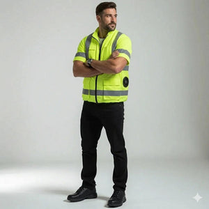 Man wearing a Polar Quest high visibility yellow cooling vest with integrated fans and reflective strips