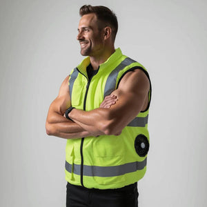 Man wearing a Polar Quest neon yellow high visibility cooling vest with integrated side fan