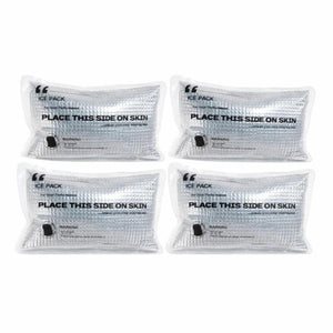 Four Polar Quest silver rectangular ice packs with instructional text printed on the surface