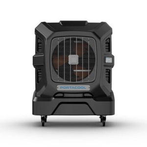 Portacool portable evaporative cooler with black housing and front fan grille