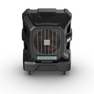 Portacool portable evaporative cooler with black housing and front fan grille