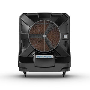 Portacool portable evaporative cooler with black housing and front fan grill