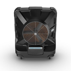 Portacool portable evaporative cooler with black housing and front fan grille