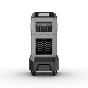 Portacool portable evaporative cooler with grey and black housing on wheels