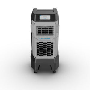 Portacool portable evaporative cooler with black base and grey housing on wheels