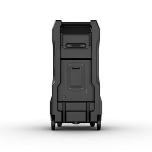 Rear view of a black Portacool evaporative cooler with wheels