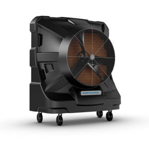 Portacool portable evaporative cooler with black housing and large fan