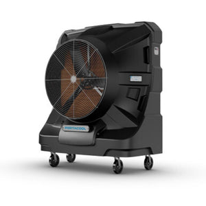Portacool portable evaporative cooler with black housing and rolling casters