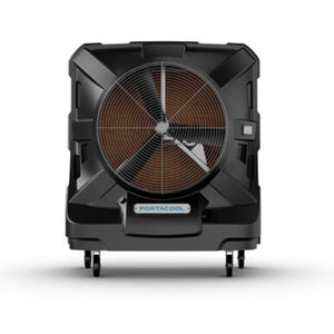 Portacool portable evaporative cooler with black housing and large fan