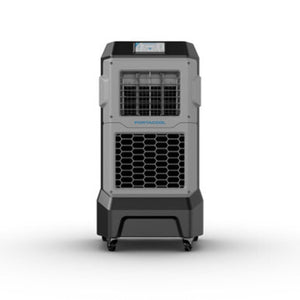 Portacool portable evaporative cooler with grey and black housing on wheels