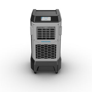 Portacool portable evaporative cooler with black and grey housing on wheels