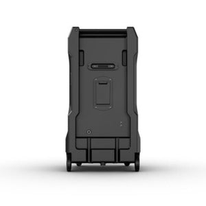 Back view of a black Portacool evaporative cooler with wheels